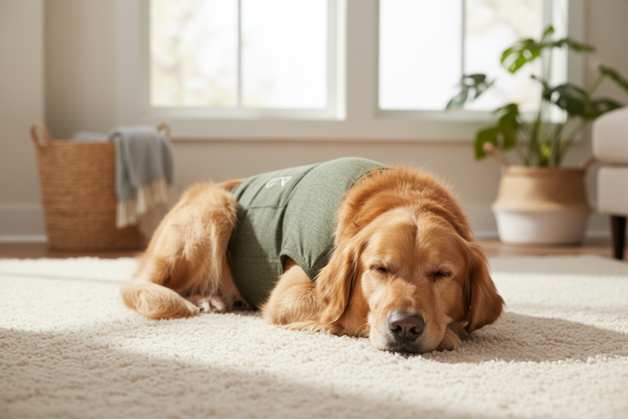 a dog chilling oit in a slightly dark green anxiety jacket 