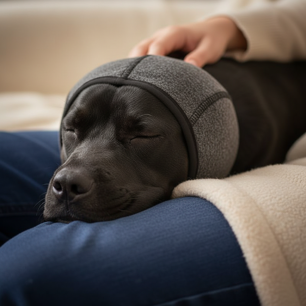 Dog with head down on owner's lap wearing ear muffs